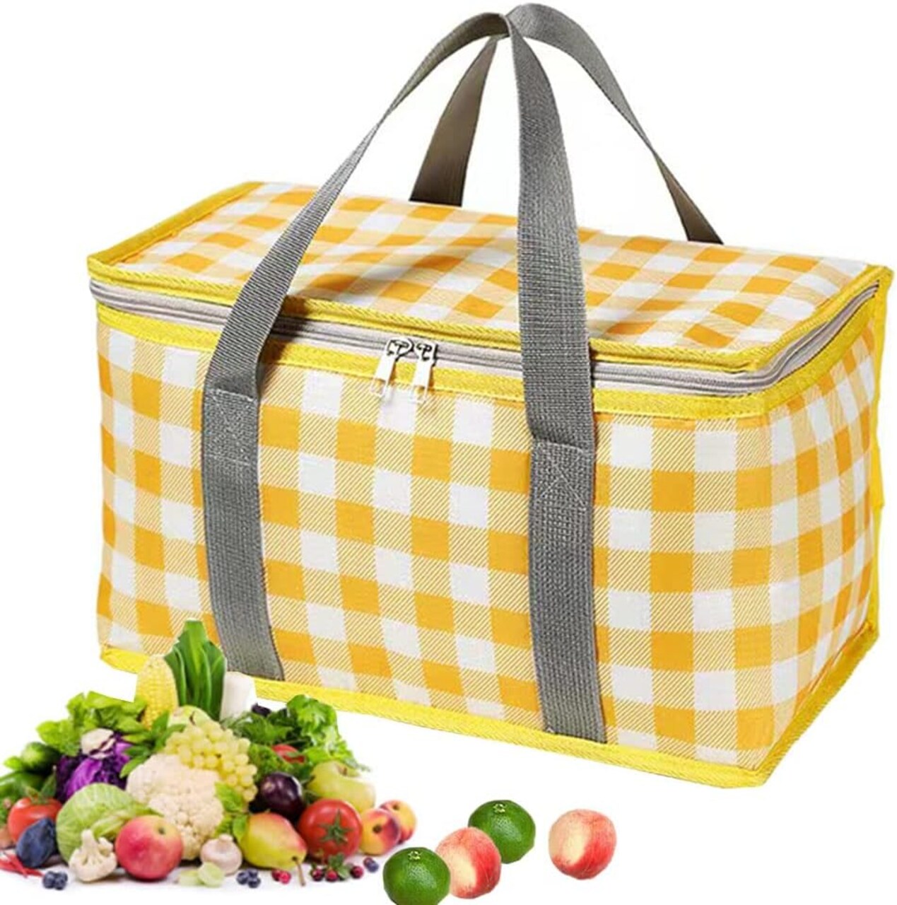 Insulated Reusable Food Picnic Basket Bag Beach Bags, Cooler Bags with Zippered Top -for Hot or Cold,Picnic Basket Collapsible,Beach, Outdoor Party, Camping,Festivals (Yellow)